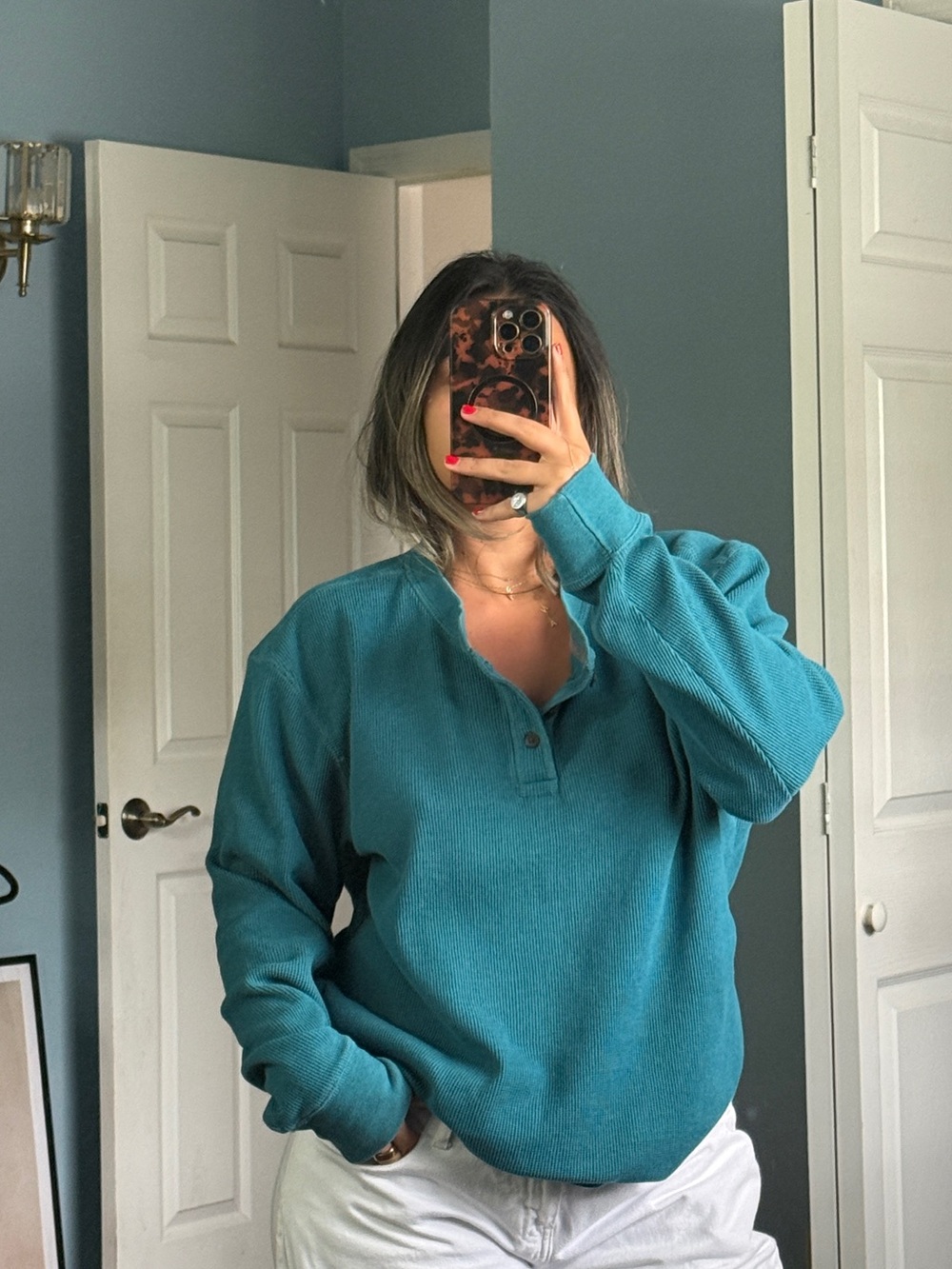 St. Johns Bay Mens XXL Teal Blue Waffle Knit Long Sleeve Henley Thermal Shirt
